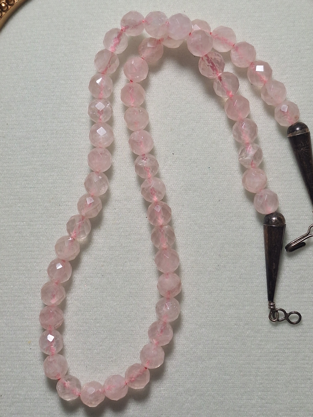 Vintage Faceted Pink Rose Quartz Beaded Necklace - Stamped Sterling